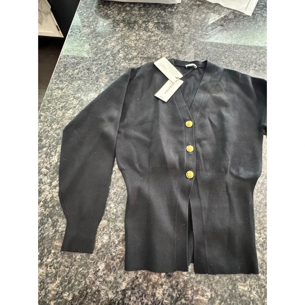 Babaton Aritzia Black tribeca Cardigan Gold Crest Buttons Cinched Waist 2XS NEW‎